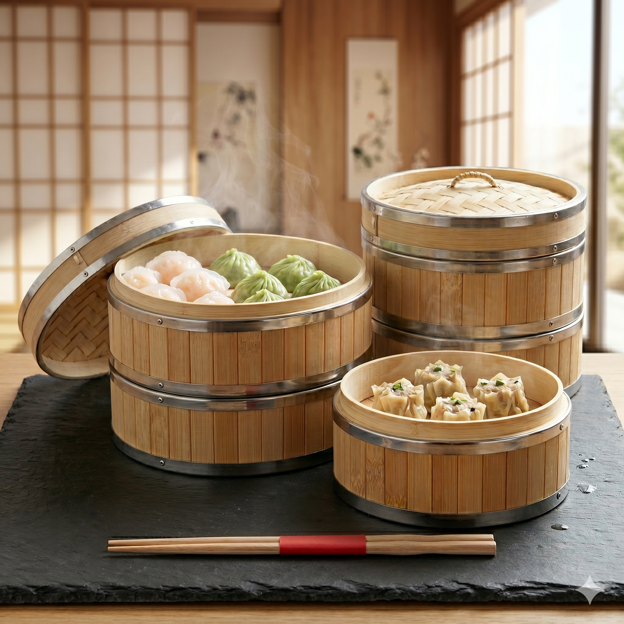 Bamboo Steamer Ø 15 cm 3pcs set
