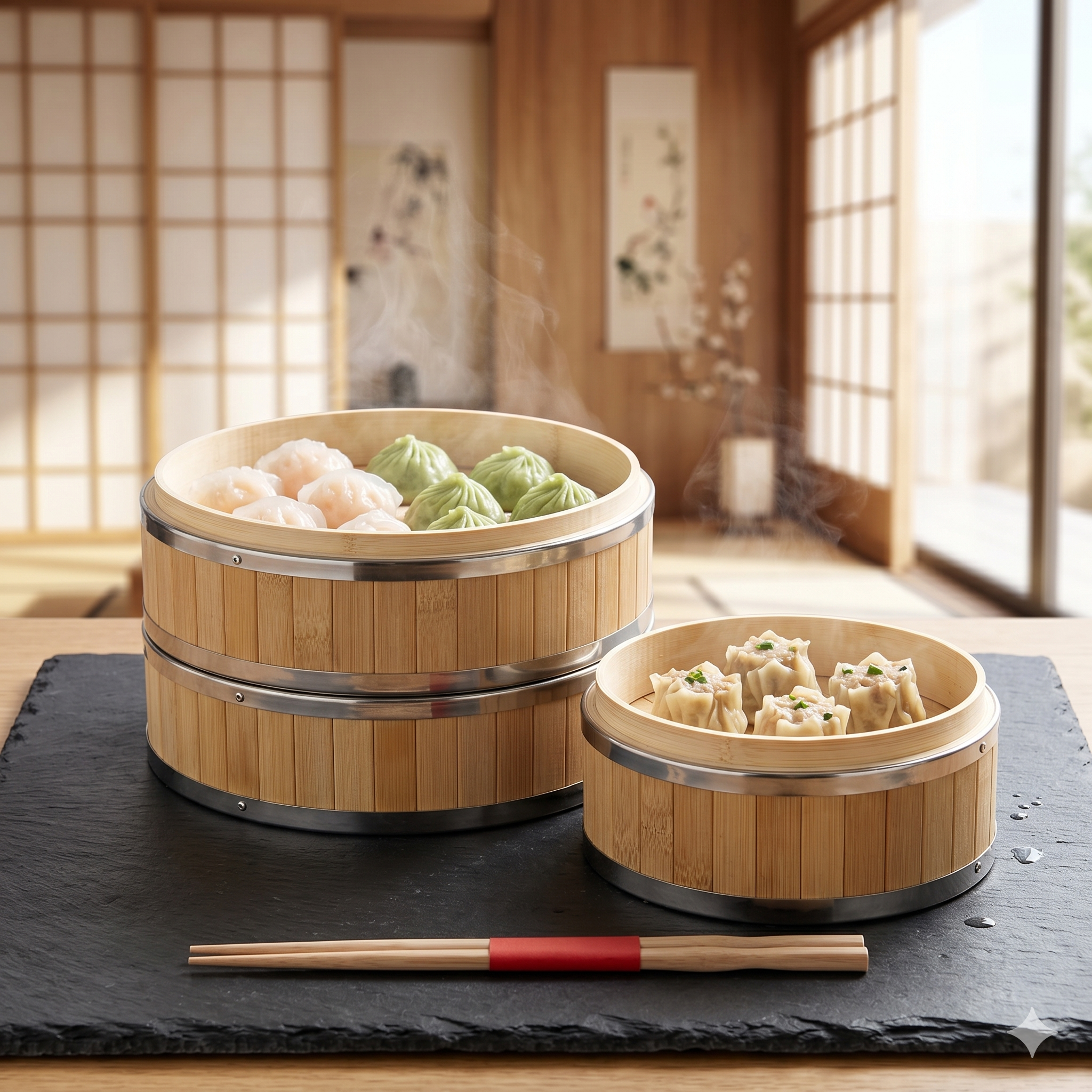 Bamboo Steamer Ø 15 cm 3pcs set
