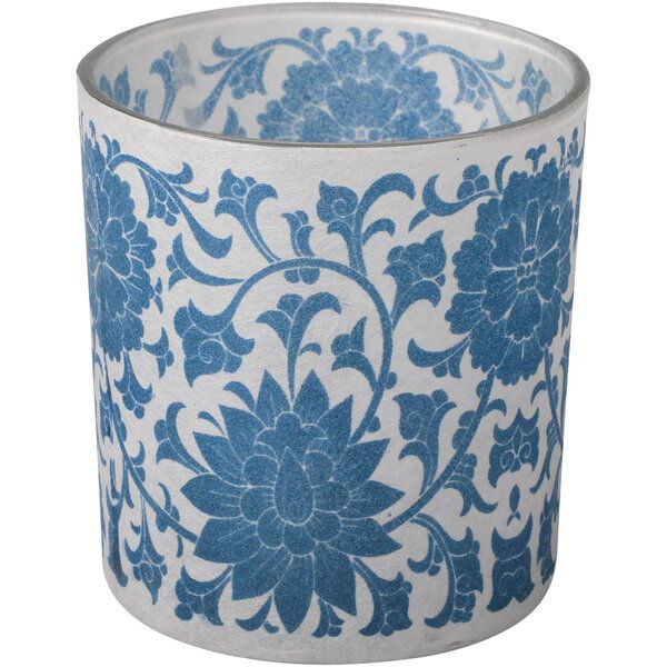 Glass Candle Holder, Blumen/blau 7,3 x 8cm